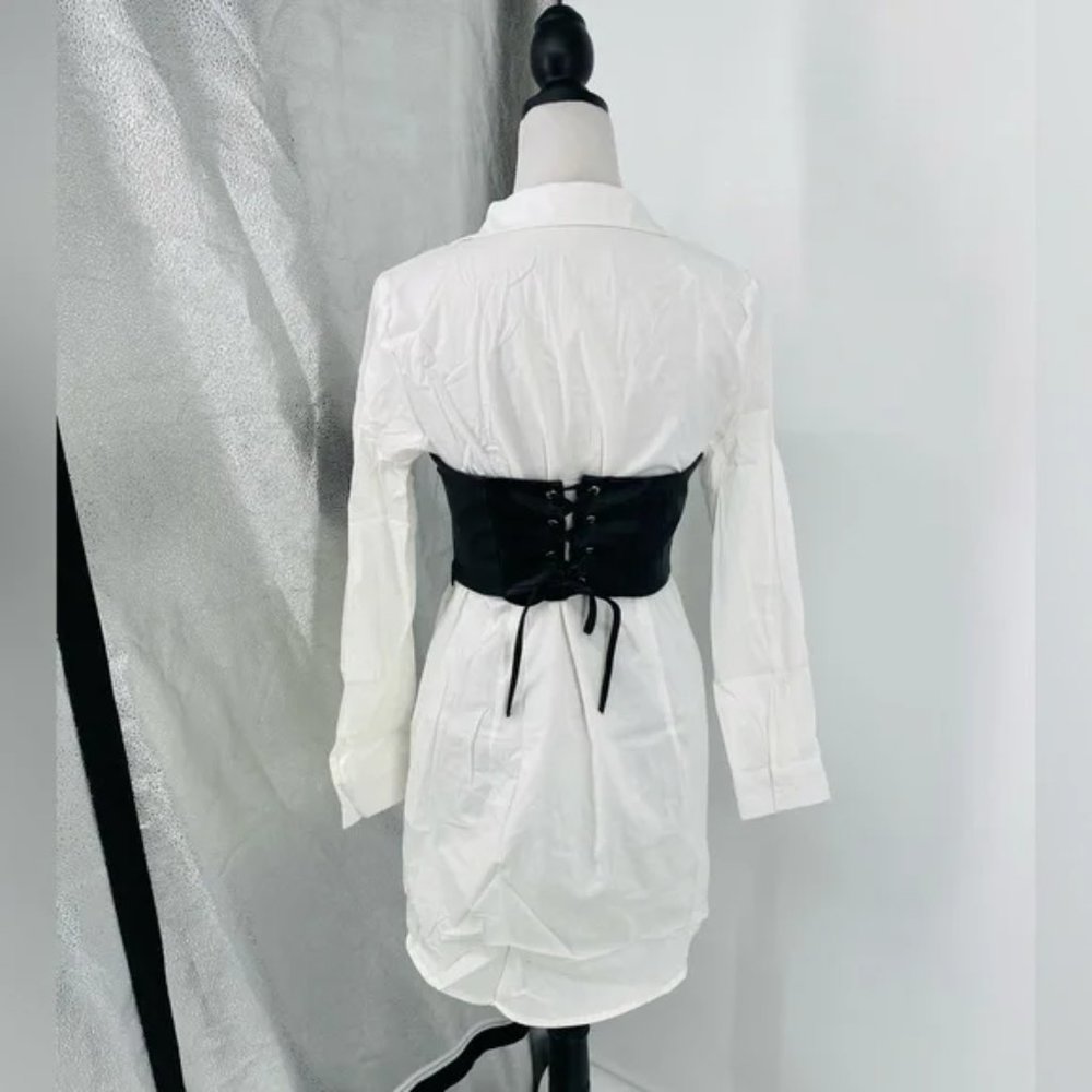 White Long Sleeve Mini Shirt Dress with Black Faux Leather Corset Belt - Picture 9 of 14